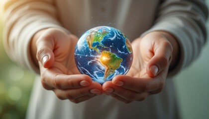 Hands tenderly cradling a vibrant green and blue globe, symbolizing global environmental care and the urgent concept of saving our planet