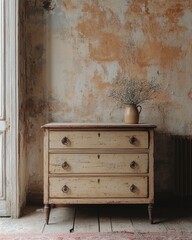 Ancient vintage classic dresser placed near a dilapidated wall, showcasing retro grunge home interior design for an aged living room, Generative AI
