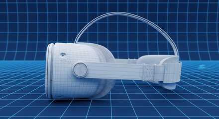 Wireframe model of a virtual reality headset, displayed against a grid background.