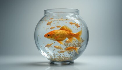 Swimming goldfish in a glass bowl or aquarium