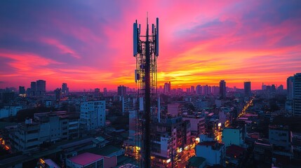 Cityscape at sunset with telecommunication tower
