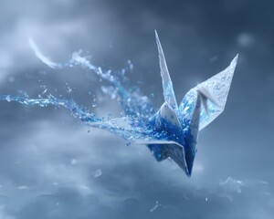 3D Render of a Delicate Origami Crane with Water Droplets, Symbolizing Peace, Hope