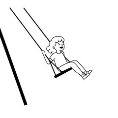 Happy girl joyfully swinging high on a playground swing set.