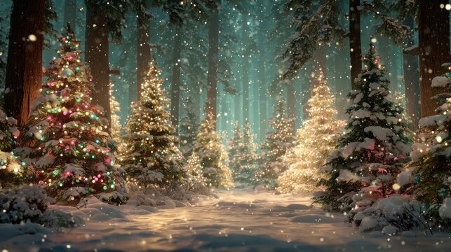Enchanting Lush Forest Scene Featuring Elegantly Decorated Christmas Trees Sparkling with Warm Lights Creating a Magical Holiday Atmosphere
