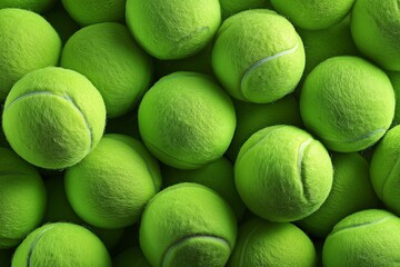 Bright green tennis ball heap. Textured athletic gear. Sport background of practice equipment for racket game. Training supply.