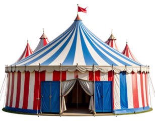 Classic Red and White Striped Circus Tent with Blue Doors  PNG