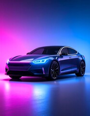 Obraz premium Futuristic electric vehicle in vibrant neon lighting
