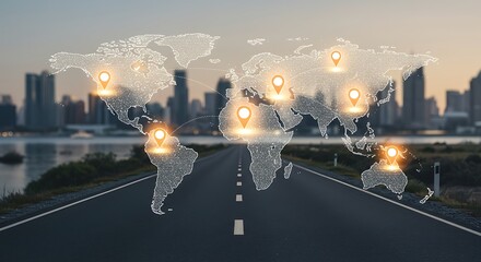 World Map With Location Pins Over A Cityscape