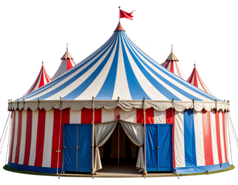 Classic Red and White Striped Circus Tent with Blue Doors  PNG