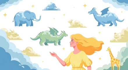 Obraz premium A whimsical illustration of a woman imagining fantastical animals like dragons and elephants in the clouds.