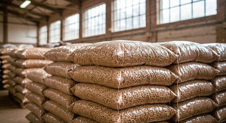wooden sculpture of a man, A detailed view of neatly stacked bags of wood pellets in a storage facility, showcasing the organized storage of biomass fuel for various applications