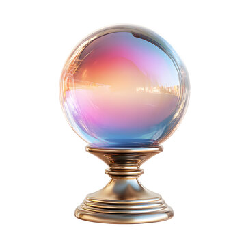 A shimmering iridescent crystal ball rests on an ornate brass stand isolated on transparent background