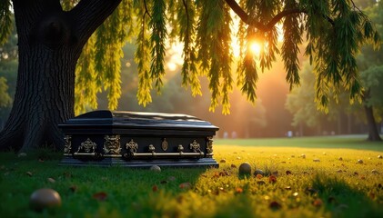 A solitary, ornate casket rests under a weeping willow tree, bathed in the soft light of dawn A poignant scene of peaceful remembrance and final farewell , farewell, grave