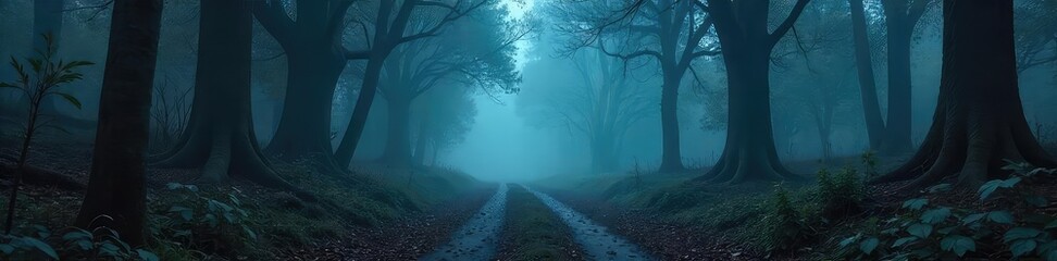 Obraz premium A spooky forest path shrouded in mist, with monstrous shadows lurking amongst the trees Perfect for Halloween, fantasy, horror, and supernatural themes , woodland, spooky season, creature