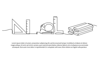 Continuous line design of wood board measuring ruler. Single line decorative element drawn on white.