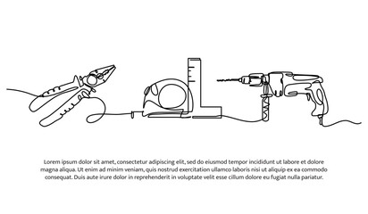 Continuous line design of pliers,planer,drill bit. Single line decorative element drawn on white.