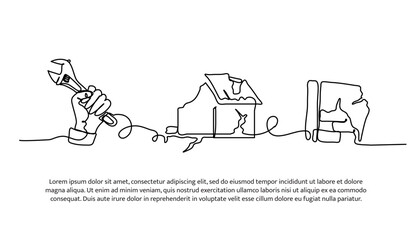 Continuous line design of home damage repair. Single line decorative element drawn on white.