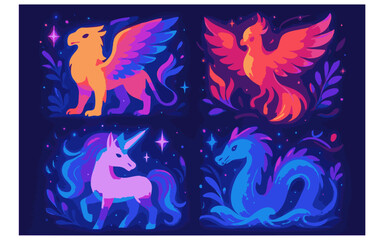 Vector art of a magical collection of mythical creatures including a griffin, phoenix, unicorn, and dragon in vibrant colors isolated on transparent background