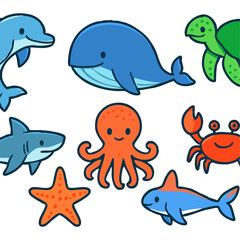 Vector art of a collection of cute cartoon sea creatures including a dolphin, whale, turtle, shark, octopus, starfish, crab, and fish isolated on transparent background