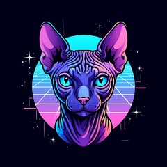 Cyberpunk Sphynx Cat Portrait with Neon Grid and Stars