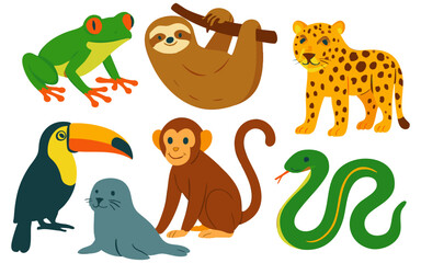 Vector art of a vibrant assortment of jungle animals featuring a frog, sloth, leopard, toucan, monkey, and snake isolated on transparent background