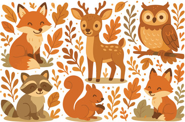 Vector art of a charming autumn scene featuring forest animals like foxes, a deer, owl, raccoon, and squirrel amidst fall leaves isolated on transparent background
