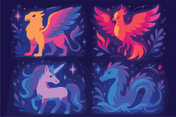 Vector art of a magical collection of mythical creatures including a griffin, phoenix, unicorn, and dragon in vibrant colors isolated on transparent background