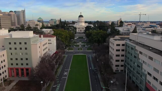Aerial view of the California State Capitol Building in Sacramento, USA. The building serves as the state's legislative and executive branches.