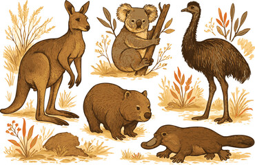 Vector art of a diverse collection of australian animals including a kangaroo, koala, wombat, emu, and platypus in their natural habitat isolated on transparent background