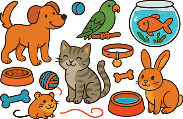 Vector art of a cheerful assortment of cute cartoon pets including a dog, cat, rabbit, hamster, parrot, and fish with accessories isolated on transparent background