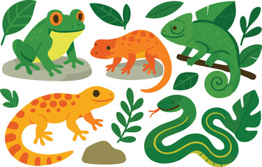 Vector art of a lively assortment of colorful reptiles and amphibians like frogs, geckos, a chameleon, and a snake isolated on transparent background