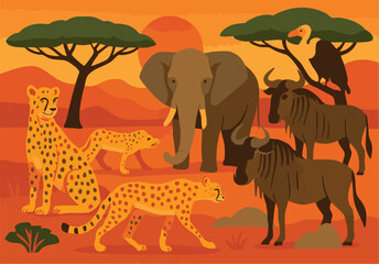 Vector art of a captivating savanna scene featuring cheetahs, an elephant, wildebeest, and a vulture under a warm sunset isolated on transparent background