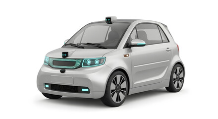 Sleek silver autonomous vehicle, showcasing self-driving technology.