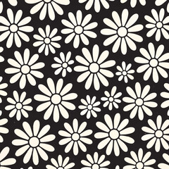 Fototapeta premium seamless floral pattern of white daisy-like flowers with beige centers on black background