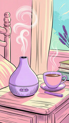 A aromadiffuser on a wooden bedside table, emitting mist near a steaming cup of tea, books, light and peaceful bedroom, concept of wellness