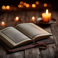 Quran with prayer beads and candle