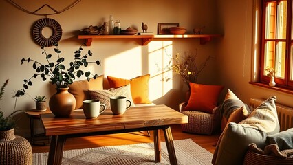 Boho Rustic Sustainable Interior Scene with Teak Console and Warm Light
