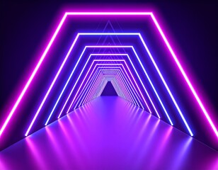 Neon light tunnel perspective. Vector realistic illustration of dark hall with triang