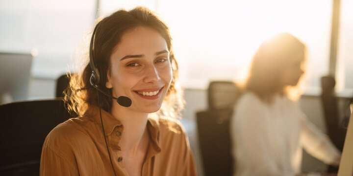 Professional customer service agent assisting travel bookings with headset in modern office authentic, high-quality content for corporate marketing and social media