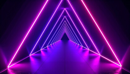 Neon light tunnel perspective. Vector realistic illustration of dark hall with triang