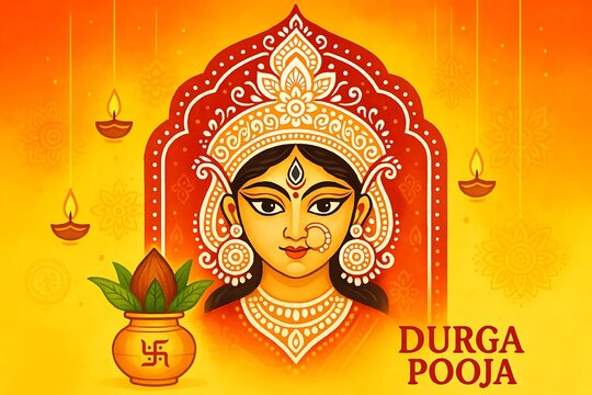 Colorful Vector Illustration of Goddess Durga for Durga Pooja Festival with Kalash and Traditional Decorations