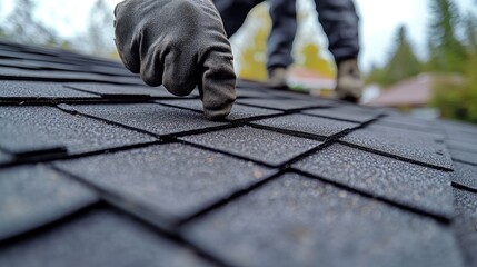 Close-up of a gloved hand inspecting a dark-gray rooftop