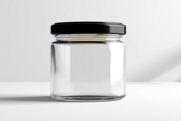 A clear glass jar with a black lid sits on a white surface, subtly lit, casting a soft shadow.  Its cylindrical shape is simple and elegant