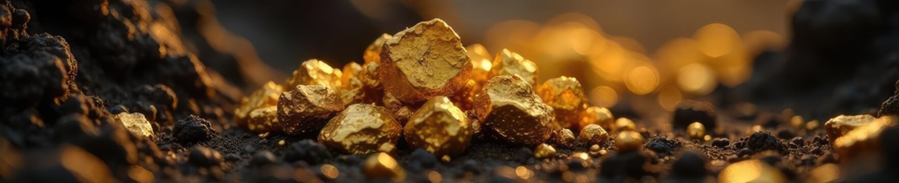 Close-up of glittering gold nuggets nestled amongst dark earth, reflecting sunlight A scene of raw, unrefined wealth and the allure of mining riches , metal, soil