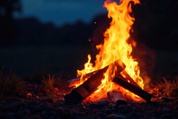 Close-up shot of a roaring bonfire, flames licking upward against the night sky, embers glowing intensely Perfect for themes of warmth, power, and destruction , campfire, smoke