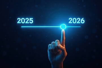 Vision of Tomorrow: A futuristic, clean, and eye-catching digital display highlights the progression of time. Emphasizing a pivotal choice point between the years 2025 and 2026.