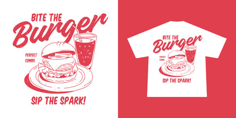 A retro-style illustration featuring a classic burger and soda combo, perfect for T-shirt printing and vintage-themed merchandise