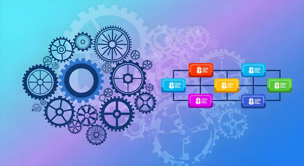 Digital illustration of interconnected blocks and gears, representing a network or system, on a gradient background.