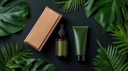 Natural skincare products with eco-friendly packaging, tropical green leaves background, organic beauty concept, minimalist dark setting, ideal for wellness, spa, and cosmetic branding  