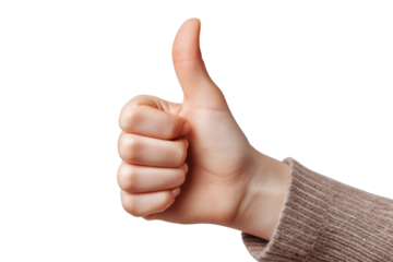 Human hand giving a thumbs up gesture with beige sweater sleeve isolated on a transparent background